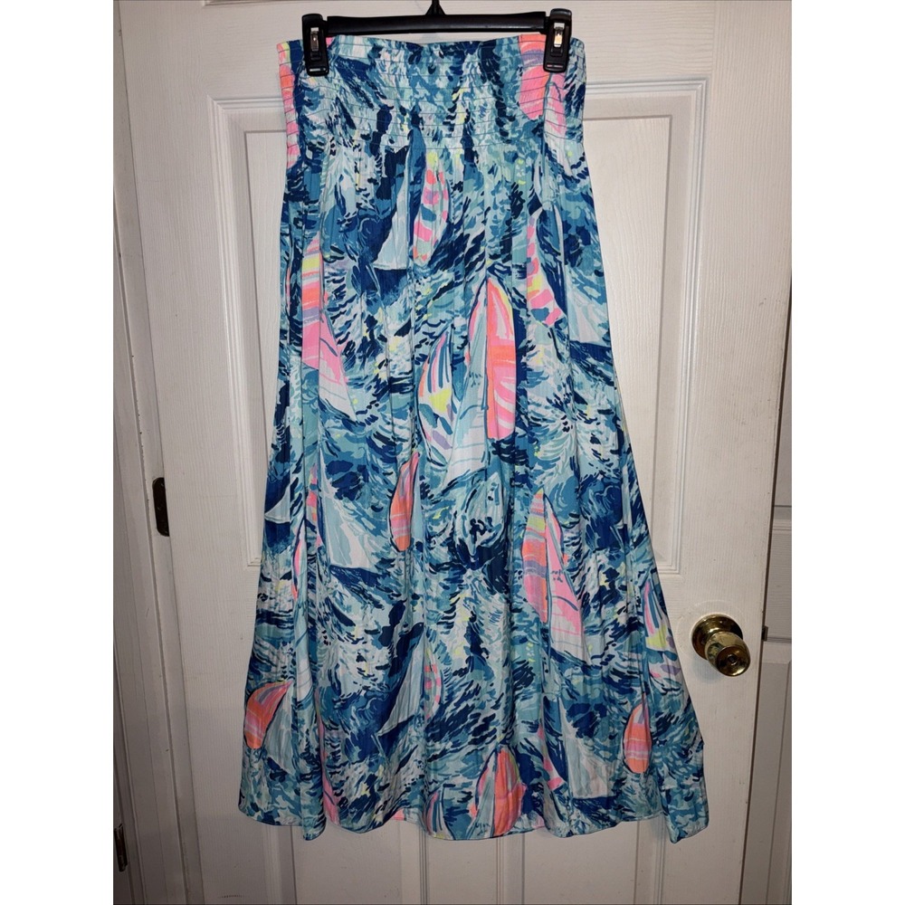 Lilly Pulitzer M Bohdi Hey Bay Bay Maxi Skirt Sailboat Print Pull On Smocked